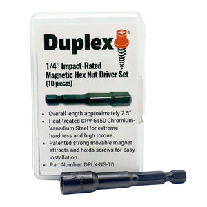 1/4" Impact-Rated Magnetic Hex Nut Driver – 10/Box – Duplex Screw